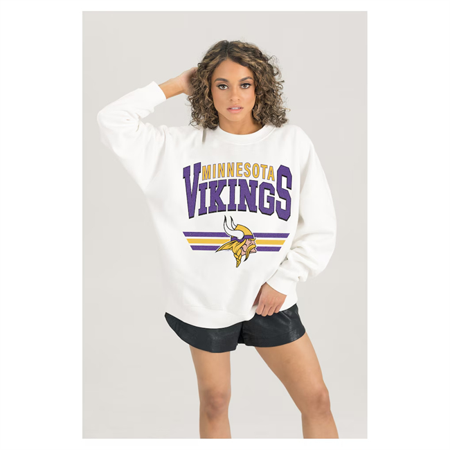 Women's Minnesota Vikings Gameday Couture White Sunday Drives Oversized Crewneck Pullover Sweatshirt(Run Small)